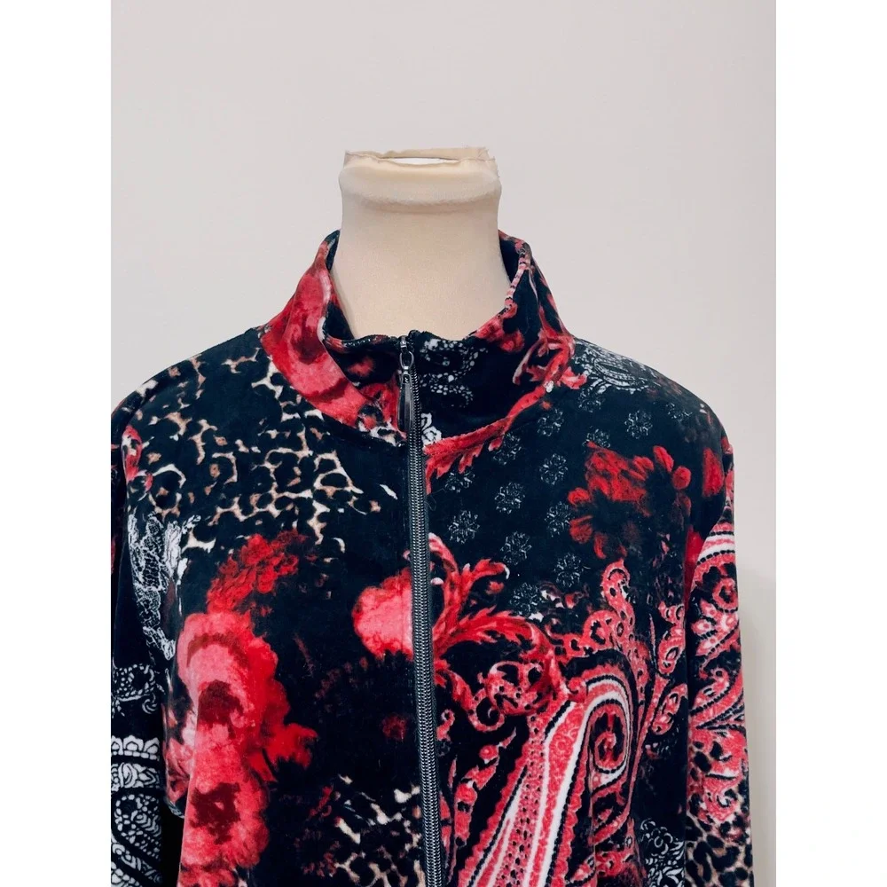 Onque Casual Jacket XL Paisley Leopard Print Red Black Mock Neck Gothic Romantic